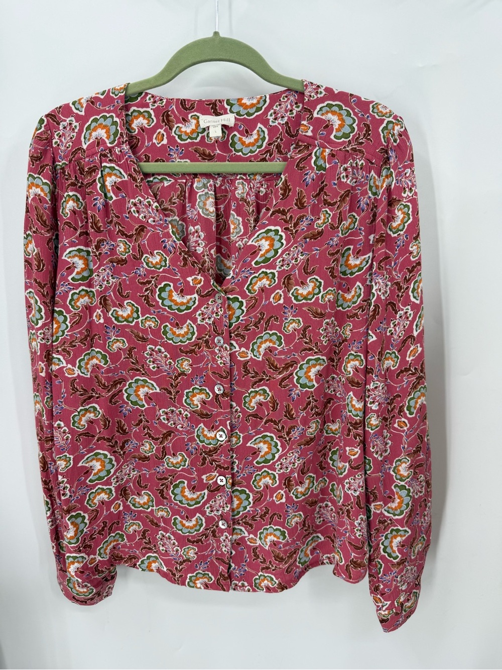 Garnet Hill long-sleeve button-down bohemian Paisley floral print blouse L
